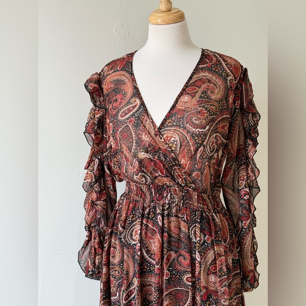 Beautiful Kate + Lily paisley midi dress in rich burgundy, rust, and black tones - Picture 2 of 13